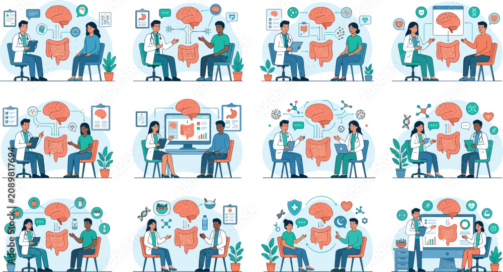 Fototapeta premium Mental Health Therapy And Psychological Counseling Vector Illustration Collection Featuring Patient Consultation Brain Wellness And Emotional Support