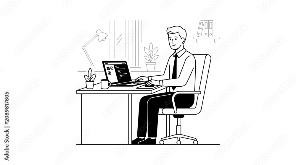 Fototapeta premium A man sitting at a desk in an office using a laptop computer