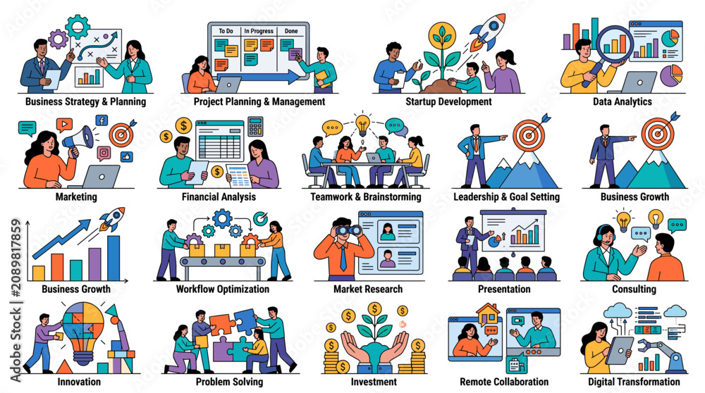 Fototapeta premium Teamwork. Vector illustrations for a team of people in various business activities, management, communication and project development from startup to launch.
