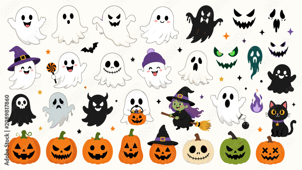 Fototapeta premium Cute Halloween Ghosts and Jack O Lantern Pumpkins Cartoon Character Set