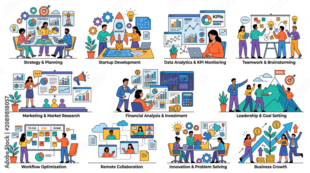 Fototapeta premium Teamwork. Vector illustrations for a team of people in various business activities, management, communication and project development from startup to launch.