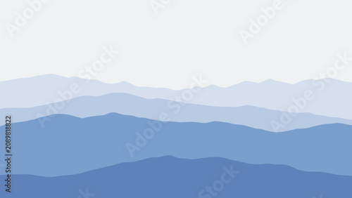 Schilderij op canvas Layered mountain silhouettes in varying shades of blue create a minimalist vecto
