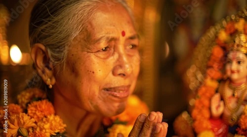Devout Elderly Indian Woman Offering Prayers during Hanuman Puja with Floral Garlands and Traditional Diya Lighting