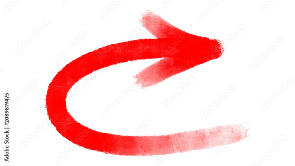 Fototapeta premium Curved turn arrow drawn with red ink brush marker watercolor painting. Round u turn directional pointer symbol isolated on transparent background for creative infograph layout clip art.