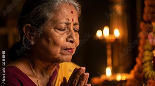 Devout Senior Indian Woman Praying during Hanuman Puja with Eyes Closed by Deity Idol and Lit Diyas in Temple