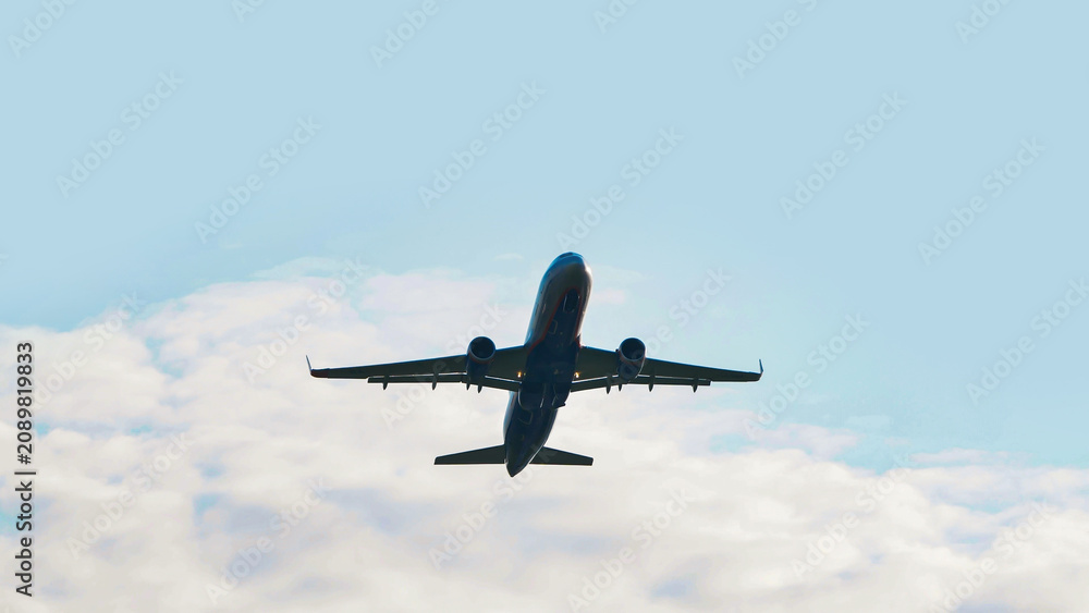 Naklejka premium An airplane takes off against a blue sky. Close-up of the airplane.