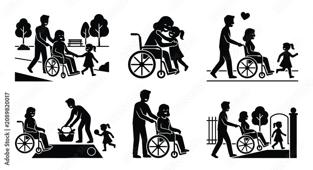 Fototapeta premium Family Assistance Scenes With Wheelchairs Black Silhouette Vector Illustration