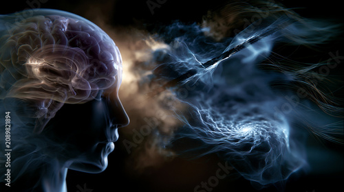 ghostly translucent brain silhouette facing quantum wave pattern, fading translucent brain silhouette confronting abstract quantum waves, ethereal brain form dissolving into quantum wave abstraction