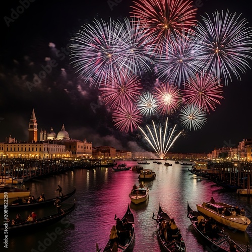 A vibrant nighttime scene of a canal with boats and fireworks