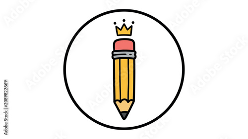 Foto King of Creativity Icon: A stylized yellow pencil crowned with a golden crown, symbolizing creativity, writing, and education within a circular frame