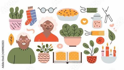 Fotografia Collection Of Cozy Home Items And Portraits In A Flat Vector Illustration Style