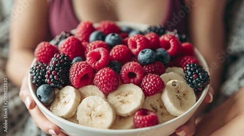 Hands hold a bowl of vibrant berries and bananas, showcasing a healthy breakfast background.