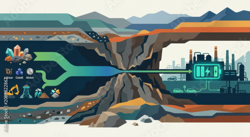 Battery mine, mineral extraction, electric power, industrial landscape, renewable energy