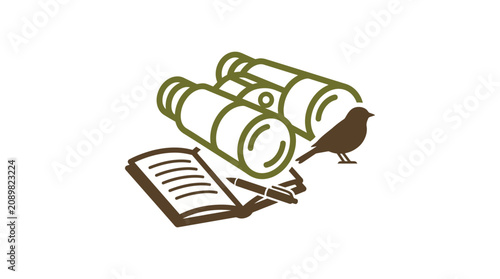 Konstfotografi A person observes wildlife with binoculars, notebook, and bird silhouette for nature study