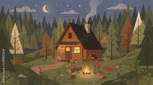 Cozy cabin in forest at night