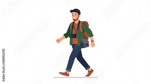 Man with backpack and camera walking on white background, illustration of a traveler