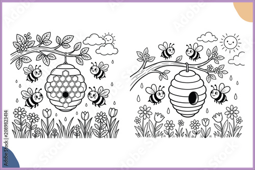 Cute Bee Garden Coloring Page Vector Line Art illustration