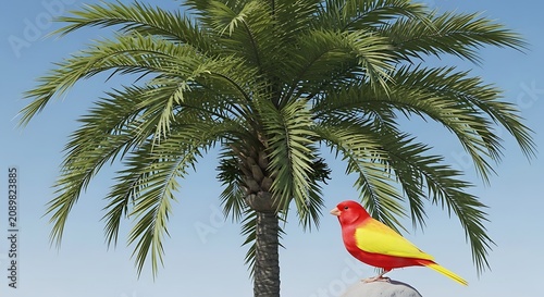 Vibrant bird perched on a white object under a palm tree