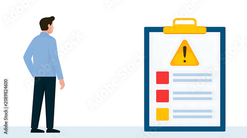 Illustration of a man observe a clipboard with an alert symbol and checklist, representing caution, risk assessment, and important notice