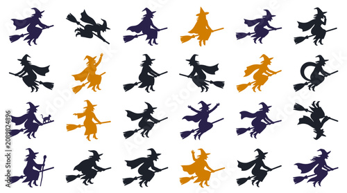 Photos Halloween Witches Flying Silhouettes - Orange and Purple Patterns