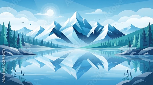Snowy mountain landscape reflection