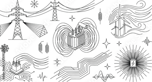 Canvastavla Electricity and power grid vector line art set with transformer wind turbine pyl