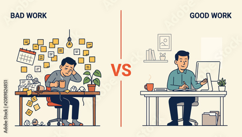 Versus illustration comparing poor workflow and effective good work. Vector illustration