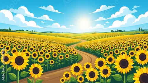 Vibrant sunflower field under blue sky