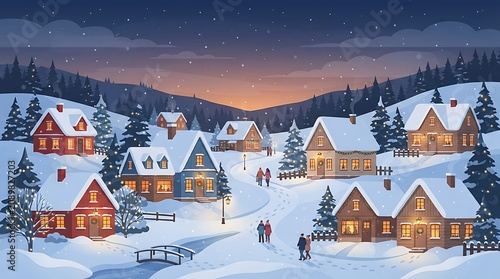Winter village scene at dusk