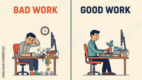 Vector illustration comparing bad versus good workplace productivity. Vector illustration