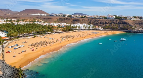Aerial view of a vibrant beach with golden sand and turquoise water