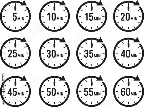Countdown timers showing intervals from 5 to 60 minutes