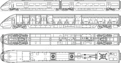 Quadro su tela High speed passenger train blueprint vector illustration showing side profile in
