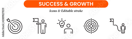 Growth and success editable stroke line vector web icon set. Business strategy success goals thin linear Icons collection. Growth curves and diagrams graph. Vector illustration 