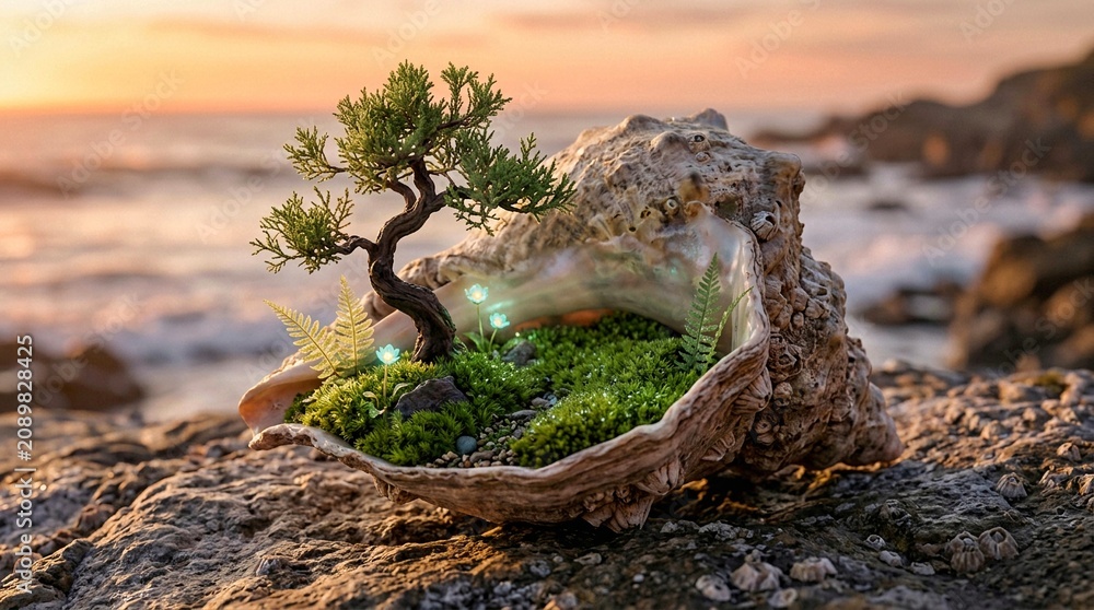 Fototapeta premium Miniature Bonsai Ecosystem Inside a Natural Seashell at Sunrise with Glowing Wildflowers