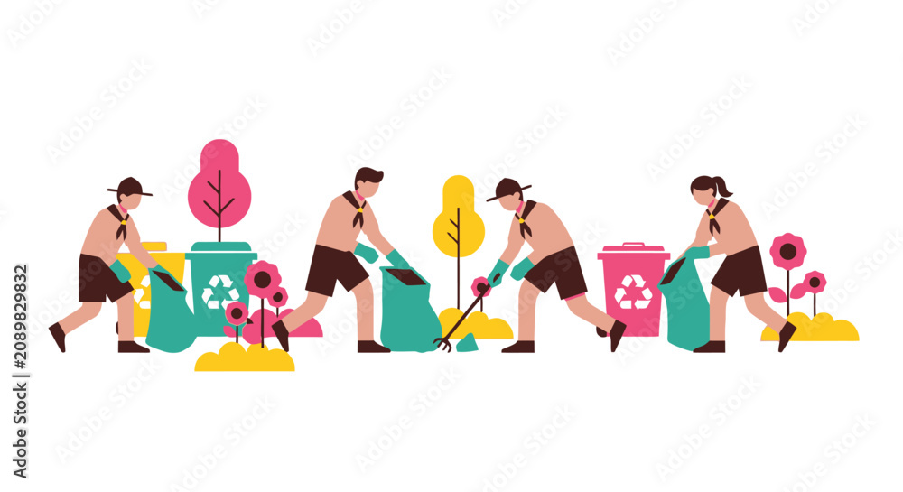 Fototapeta premium Group of scouts actively participating in a community cleanup and environmental protection initiative.