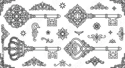 Vintage ornate key line art vector set with antique baroque filigree crowns scrolls flourishes and decorative frame elements
