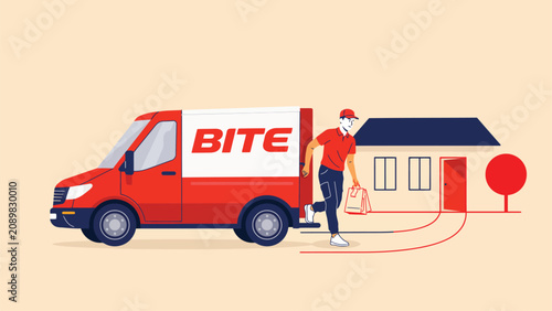 Red food delivery van stopping outside residential home for doorstep order drop. Vector illustration