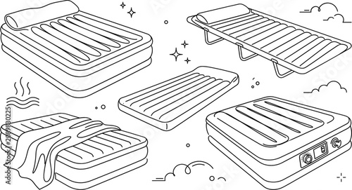Obraz na płótnie Inflatable air mattress and camping cot line art vector pack with blow up beds s