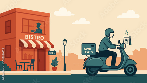 Motorbike food delivery courier leaving local bistro restaurant for fast service. Vector illustration