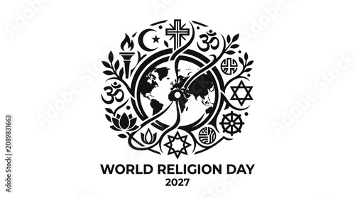 World Religions Day Logo with Symbols of Faith and Globe