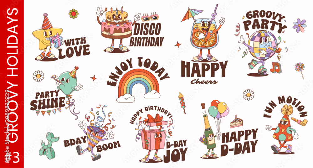 Fototapeta premium Y2K groovy funky holiday and celebration characters stickers, cartoon vector labels. Y2K stickers with groovy birthday cake and party disco ball, rainbow and funky gift with trippy champagne bottle