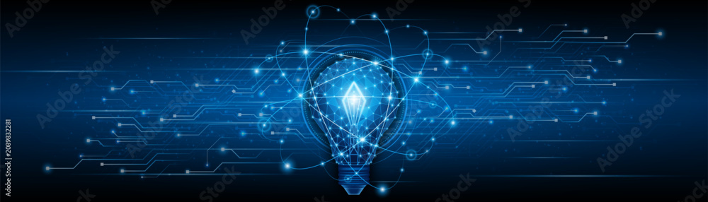 Fototapeta premium An innovative and creative light bulb concept incorporating advanced smart digital technology. A futuristic light bulb with integrated circuits and data connectivity for business applications.