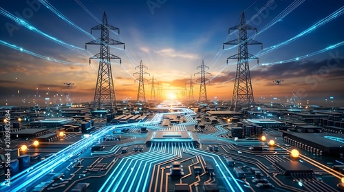 Futuristic smart grid concept with high voltage transmission towers on a glowing circuit board at sunset