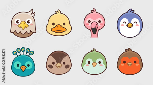Quadro su tela Cute bird faces collection vector art