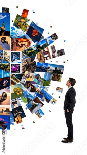 Businessman standing in a sea of colorful puzzle pieces.