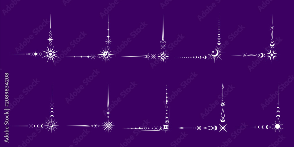 Obraz premium Celestial corner borders set with decorative elements featuring stars, moon, sun and arrows. Ornament frame corners for invitation cards, posters, mystical theme and decoration
