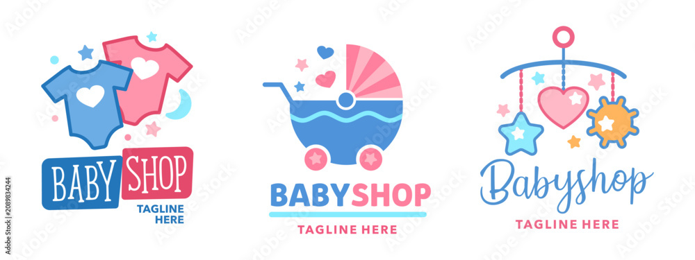 Fototapeta premium Baby shop icons of kids clothes store for children care with cradle cot and toys. Baby shop symbols with stroller for newborn toddler, girl pink hearts or boy blue clothes for mother and child brand