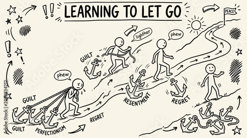 Fotografie A hand drawn illustration of people learning to let go on a winding road