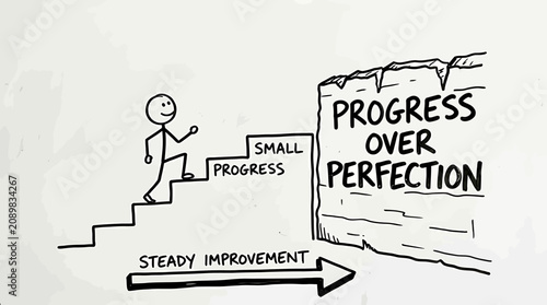A hand drawn stick figure climbs stairs symbolizing steady improvement towards progress over perfection.